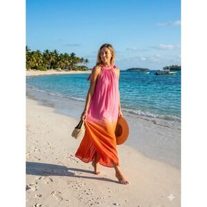 Mud Pie Pink Orange Ombre Halter Maxi Dress Side Slit Summer Beach Size S